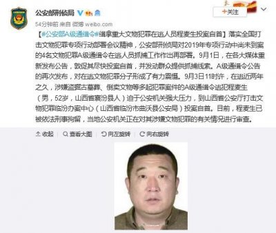 公安部A级通缉令逃犯程麦生投案自首 涉盗墓倒卖